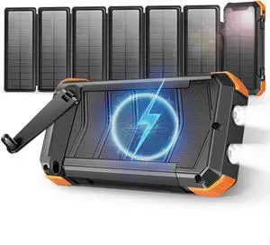 Solar Charger with 7 Panels Portable Solar Power Bank 15W Fast Charging Hand Crank Generator Built-in Lighter & Dual Flashlights