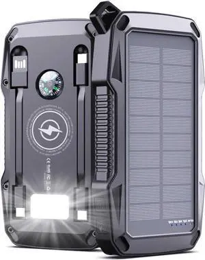 Solar Charger Power Bank 10000mAh with Security Alarm 22.5W Fast Charging Portable Wireless Phone Charger Dual USB C Cables LED Flashlight Waterproof Battery Pack for Outdoor Camping Hiking Travel