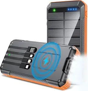 Power-Bank-Solar-Charger-Wireless Charger 33800mAh Portable Charger 20W Fast Charging External Battery for All Mobile Devices Three Inputs Solar Portable Charger with Dual Flashlights (Orange)