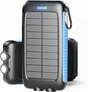 Solar Charger 20000mAh Portable Solar Power Bank - IPX5 Waterproof with Built-in Solar Panel and LED Flashlight Solar Phone Charger