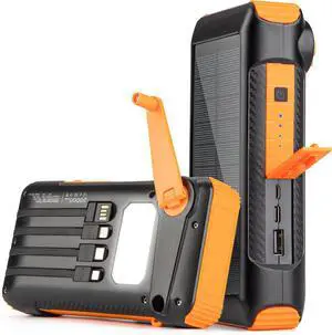 Solar Power Bank 20000mAh Built in Hand Crank and 4 Cables 22.5W Fast Charge Power Bank Solar Portable Charger LEDs Flashlight Fast Charging Battery Pack for Outdoor Camping Survival Gear