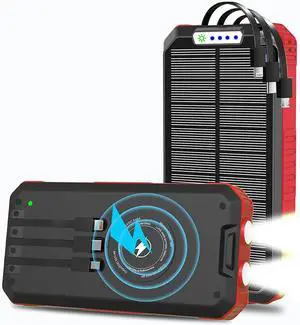 Solar Charger Power Bank 30000mAh Wireless Solar Power Bank USB C Fast Charging Bank Solar Phone Charger with 3 Cables & LED Flashlights for iPhone Android Tablet and Outdoor Camping