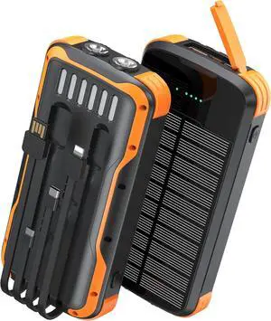 Solar Charger Power Bank PD 20W Fast Charging External Batter 40000mAh Portable Phone Charger Built in 4 Cables with Dual Bright Flashlights for Camping Hiking and Outdoor Use