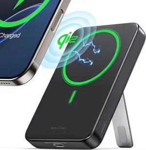 RORRY for Magsafe Battery Pack, Qi2 Certificated 10,000mAh Fast Charging Magnetic Power Bank, 20W USB C Portable Wireless Charger for iPhone with Foldable Stand, Compatible with iPhone 16/15/14,Black
