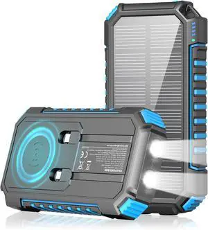 Solar Charger Power Bank 27000mAh Wireless Portable Charger Built-in Cables 22.5W Fast Charging Battery Bank with USB C in/Output PD QC 3.0 Battery Pack Flashlights Outdoor (Blue)