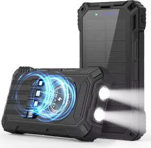 Solar Charger Power Bank 36000mAh Portable Wireless Charger with USB-C in/Output 15W Fast Charging External Battery Pack Built in 4 Cables Three Inputs Phone Portable Charger (Black 36000mAh)