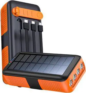 Solar Power Bank Portable Charger 63200mAh Battery Pack Hand Crank Charger Dual Outputs Inputs 4 LED Flashlight Fast Charging with Built in Cables Power for Phone Camping Emergency Travel (Orange)