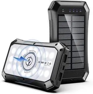 Solar Power Bank 10000mAh - Wireless Charger with 20 LED Lights Fast Charging for 3 Devices Solar Phone Charger Power Bank for Camping Travel & Emergencies