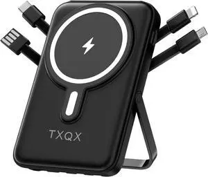 Wireless Portable Charger 10000mAh Magnetic Power Bank with Built-in Cables LED Display Mag-safe Battery Pack with Stand 22.5W PD Fast Charging for iPhone 16/15/14/13/12/Pro/Mini/Pro Max (Black)