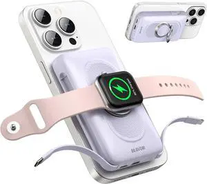 for Magsafe Portable Charger with Built-in Cables PD 20W Fast Charging 10000mAh Magnetic Wireless Power Bank Battery Pack with Stand for iPhone 15/14/13/12 Powerbank for  Watch(Purple)