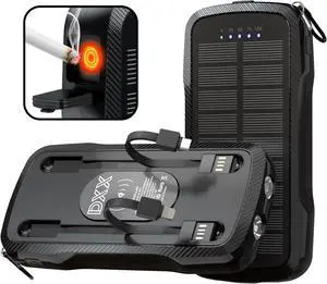 Solar Charger Power Bank 10000mAh - Portable Fast Built-in 2 Cables Dual USB 5V Outputs for All Mobile Devices Solar Power Bank Wireless Charger with Dual Flashlights (Black)