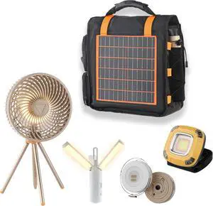 Solar Panel Charging Bag for Outdoor Camping 10W 5V Charge for Phones and Device Contains 1 Rechargeable Folding Fan and 3 Different Rechargeable Camping Lamps 5 in 1 Camping Essentials Handbag