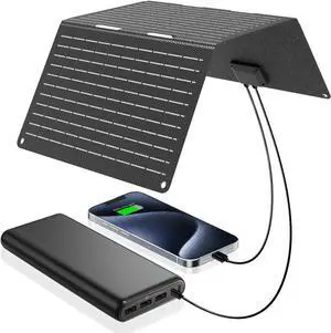 Ecosonique 30W Portable Solar Charger Foldable Solar Panels with USB C USB A Fast Charging Waterproof for Camping Backpacking Compatible with Cell Phone, iPhone, iPad, Samsung Galaxy, LG, Power Banks