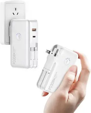 Portable Charger Power Bank 16000mAh Power Bank Built-in AC Wall Plug and Cables PD 30W and QC4.0 Fast Charger for iPhone and Android Phones and Most Electronic Devices (White)