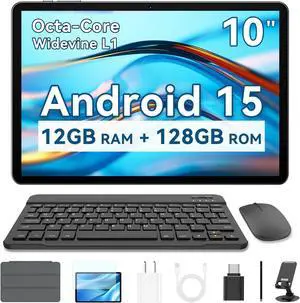 10 Inch Android Tablet 2025 Android 15 Tablet for Adults 12GB RAM 128GB Storage 1TB Expandable Octa-Core 6000mAh Includes Keyboard Mouse Protective Case Dual Cameras 8MP 2MP Face Unlock