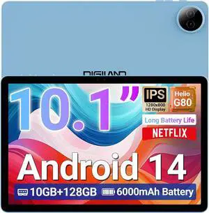 2025 Tablet 10.1 Android 14 MTK Helio G80 Octa-Core 12GB RAM 128GB HD IPS Touchscreen Wi-Fi 6 BT 5.0 6000mAh Battery Dual Camera Stand Case Widevine L1 Blue