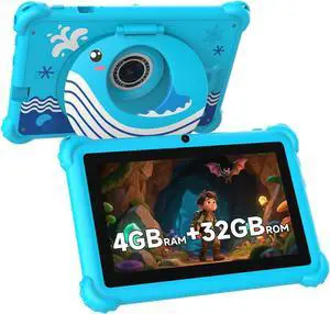 7-inch Kids Tablet for Toddlers Android 12 4GB RAM 32GB ROM WiFi Bluetooth Safe Eye Protection IPS Screen Parental Controls Dual Camera Transparent Case for Education & Gaming