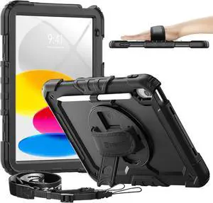 for iPad (A16) 11th/ 10th Generation Case 11/ 10.9 Inch (2025/2022) - Heavy Duty Protective Cover with Screen Protector Stand Shoulder Strap & Pencil Holder | Kids-Friendly - Black