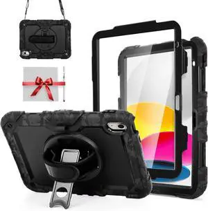 Shockproof Case for iPad 11th Gen 11 A16 2025 iPad 10th Gen 10.9 Rugged Case with Screen Protector 360° Rotating Handle & Stand Shoulder Strap Pencil Holder for Men Kids Camouflage