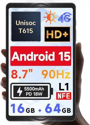 [2025 New Android 15] 8.7 Tablet Unisoc T615 (8 Core) HD IPS 800x1340 90Hz Reflex 350Nit Widevine L1 5MP Camera 4G LTE 2.4G/5G WiFi BT5.0 5500mAh PD18W 16GB+64GB(1TB TF)