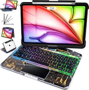 iPad Air 11 Case with Keyboard (M3/M2 2025/2024)  360° Rotating Multi-Touch Trackpad RGB Backlit Keyboard Transparent Back Pencil Holder Type-C Charging for 5th/4th Gen  Tech Circuit X