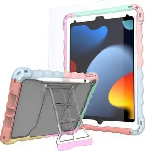 iPad 9th/8th/7th Generation Case iPad 10.2 Case 2021/2020/2019 Shockproof Silicone Case with Tempered Glass Screen Protector Pencil Holder & Shoulder Strap Handle Stand (Rainbow)