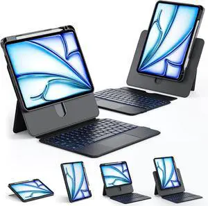 iPad Air 13 inch Case with Keyboard Trackpad 2025/2024 M3/M2 iPad Pro 6/5/4/3th Generation 360 Rotating Wireless Keyboard Case for 12.9 in with Pencil Holder Multi Angle Stand 7 Backlit Black