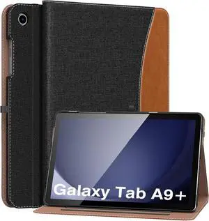 Case for  Galaxy Tab A9 Plus 11 2023 (SM-X210/SM-X216/SM-X218) PU Leather Multi-Angle Viewing Folding Stand Cover Case with Hand Strap Front Pocket Auto Wake/Sleep Demin Black & Brown