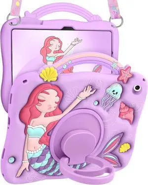 Boaretiu for Galaxy Tab A9 Plus Case - Cute Cartoon Mermaids Soft 3D Silicone for  A9 Plus Tablet Case with Strap & Rotating Stand Girls Teens Tab A9+ 11 Inch Tablet Cover