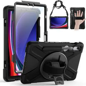 Case for  Galaxy Tab S10 FE/S9 FE/S9/S8/S7 5G 10.9/11 Full-Body Drop Protective Case with Screen Protector Pencil Holder 360° Rotating Handle Stand Strap Cover for Tab S9 FE Black