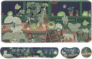 Large Mouse Pad Set Cute Extended Mouse Pad+Keyboard Wrist Rest Support Desk Pad Memory Foam Ergonomic Easy Typing 35.4×15.7 in Desk Mat Set for Home Office Study Game - Frog