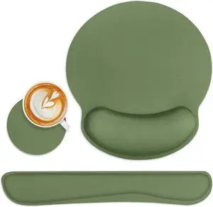 Green Ergonomic Mouse Pad Set with Wrist Rest Non-Slip Rubber Base Wrist Cushion Support and Coasters Mousepad with Wrist Support for Computer Keyboard and Desk