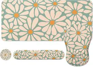 Cute Large Mouse Pads Set for Desk Massage Wrist Rest Set for Computer Keyboard Big Mouse Pad XXL+Cup Coaster with Non-Slip Base for Home Office Green Daisy