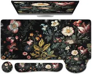 Floral Desk Mat 4in1 Large Mouse Pad with Wrist Rest Desk Matt for Desktop Anti-Slip XXL Big Computer Ergonomic Mousepad with Wrist Support for Keyboard and Mouse (Elegant Flowers)