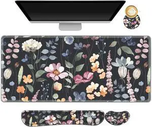Gaming Mouse Pad Wrist Support Set XXL Large Desk Mat Mousepad + Keyboard Wrist Support+ Mouse Wrist Rest+Coaster 4in1 Ergonomic Memory Foam Stitched Edge for Home Office -Flowers Plants