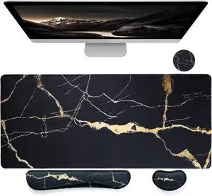 Ergonomic Mouse Pad and Keyboard Wrist Rest (4 Pcs) Non-Slip Desk Mat Protector Desk Pad for Keyboard and Mouse Large Gaming Mousepad-Black Marble (31.515.7 Inches)