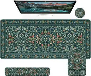 Mouse Pad with Wrist Rest Large Desk Mat Set Ergonomic Keyboard Pad with Wrist Support Non-Slip Mouse Mat for Women Cute Floral Computer Mat for Home Office Gaming (Green)