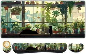 Extended Gaming Mouse Pad Memory Foam Ergonomic Keyboard Mouse Wrist Rest Support Set Large Desk Mat with Stitched Edges Non-Slip Base Mousepad Home Office Cute Green Japanese Kawaii Cat
