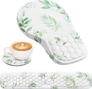 3 in 1 Ergonomic Mouse Pad and Keyboard Wrist Rest Cute Mouse Pad with Wrist Support Massage Design Non-Slip Wrist Pad for Mouse Desk Mouse Set (Green Plant)