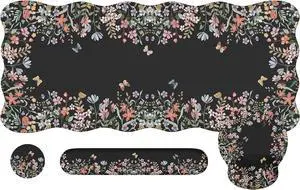 Desk Mat Set Large Mouse Pad with Wrist Rest Ergonomic Keyboard Wrist Support for Women Girly Floral Computer Mat with Coaster Non-Slip Desk Pad Home Office Gaming (Black)