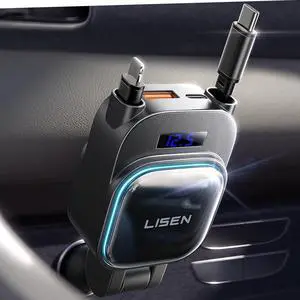 Retractable Car Charger 96W 4 in 1 Retractable Car Charger with 36W USB-C Port & 30W L Cable with Voltage Detection & Ambient Lighting for iPhone  Android Suitable for Cars Trucks RVs