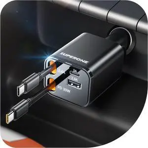 Retractable USB C Car Charger 4-in-1 Fast Charging with Dual Type C Cable Car Accessories for iPhone 16/15/14/13/12 Series iPad Galaxy Pixel