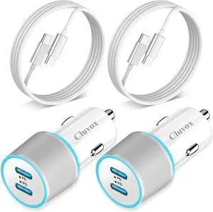 2 Pack 40W Fast USB C Car Charger Adapter for iPhone 16/15 Pro Max/Plus/ Galaxy S25/S24 Ultra/S23/S22 Car Phone Charger Dual 20W PD Port Cigarette Lighter Adapter with 3.3FT Type C Cord-White