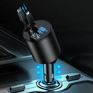 Retractable Car Charger 4 in 1 Super Fast Car Phone Charger 60W 2 Retractable Cables and 2 USB Ports Car Charging Adapter Compatible with iPhone 16/15/14/13/12/11 Air-Pods 4 Galaxy Pixel