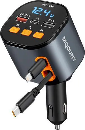 Retractable Car Charger 5 in 1 Fast Car Phone Charger 90W Bluetooth 5.3 FM Transmitter Adapter Handsfree Call 2 Retractable Cables and USB Cars Chargers for iPhone 15/14/13 (Black)