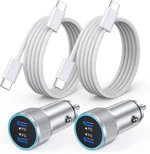 iPhone 16 Car Charger 2Pack Dual Port USB C Fast Car Charger Type C Rapid Charging Adapter with 2Pack USB C to C Nylon Braid Cable Woven Cord Fast Charging for iPhone 16/16 Pro/15/15 Pro Max/iPad