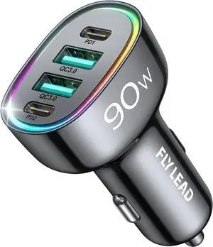 Car Charger USB C 90W 4-Port Car Phone Charger Compatible with iPhone 16/15/14/13/12 Pro Max Plus [A Must for Family Travel] Super Fast Charging Cigarette Lighter Adapter Port