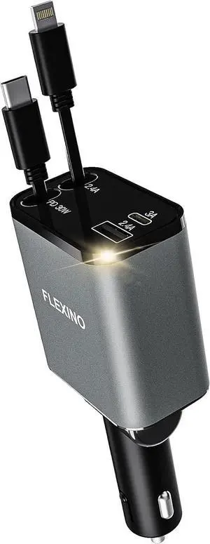 Flexino Retractable Car Charger for iPhone 16, 69W Fast Charging Car Charger USB C, Car Chargers with 2 Retractable Cords 2.6ft, Car Adapter for iPhone 16/15/14/13/12 Series, Galaxy, Grey