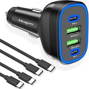 72W 4-Port USB C Super Fast Car Charger for iPhone 16 Pro Max/Plus/15  Galaxy S25 Ultra/S24/S23 fe/A55 Pixel 9 Car USB Charger Multi Port for Family Travel with 2 Pack Type C Cord