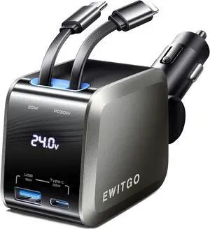 Retractable Car Charger 4 in 1 USB C Car Charger 72W Fast Charging 2 Retractable Cables and 2 USB Ports Car Accessories for iPhone 16 15 14 13 12  etc Dark Grey